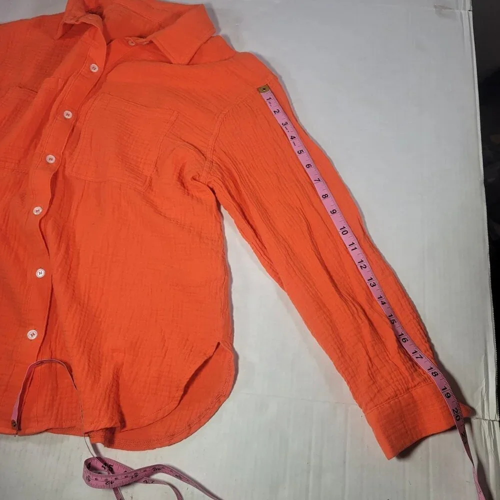 Women Orange Button-Up Shirt 100% Cotton Long Sleeve Collared Size M